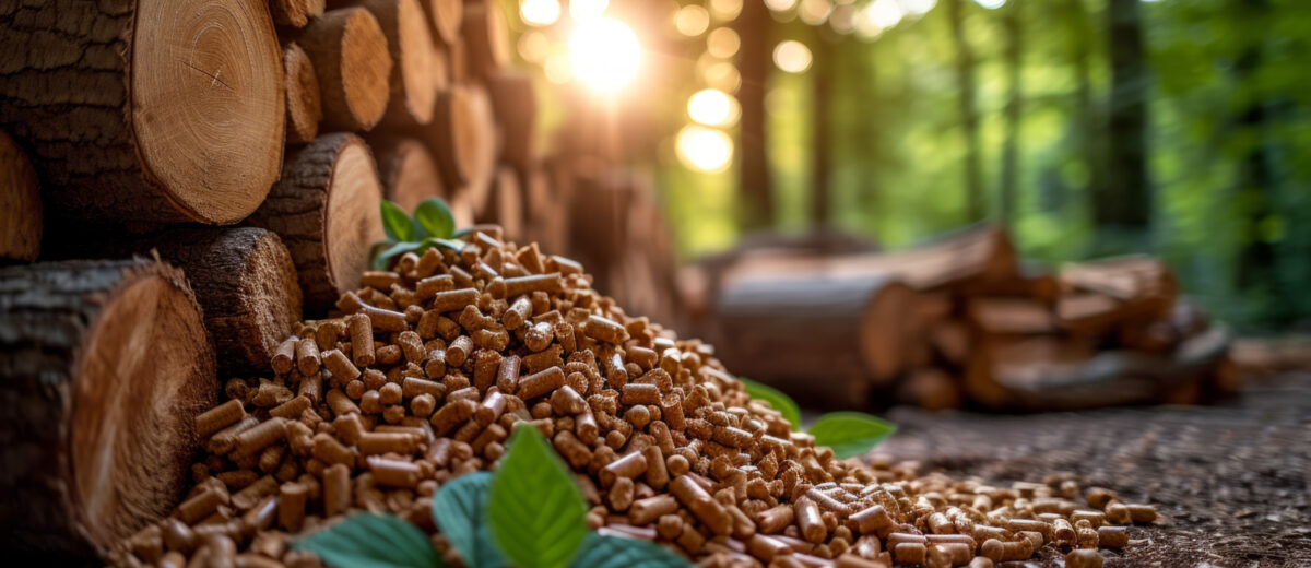 Holzpellets vor einem Stapel Baumstämmen