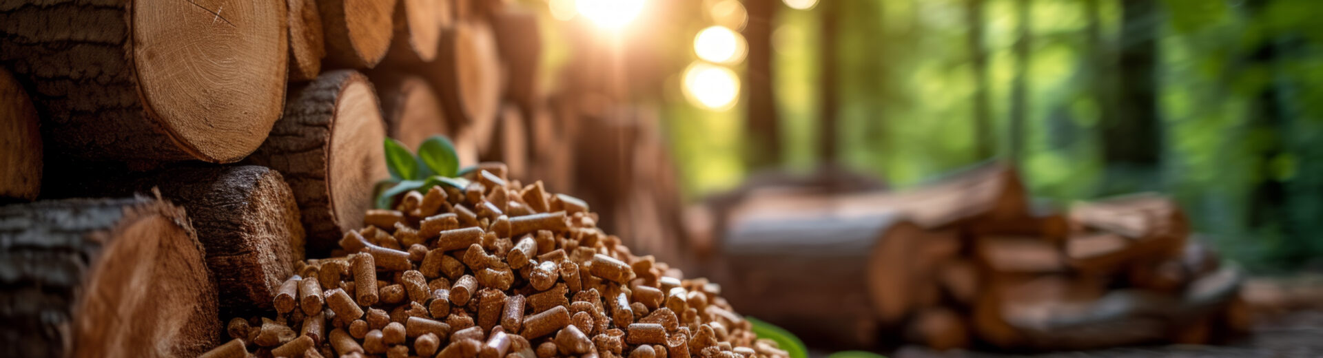 Holzpellets vor einem Stapel Baumstämmen