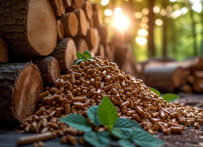 Holzpellets vor einem Stapel Baumstämmen
