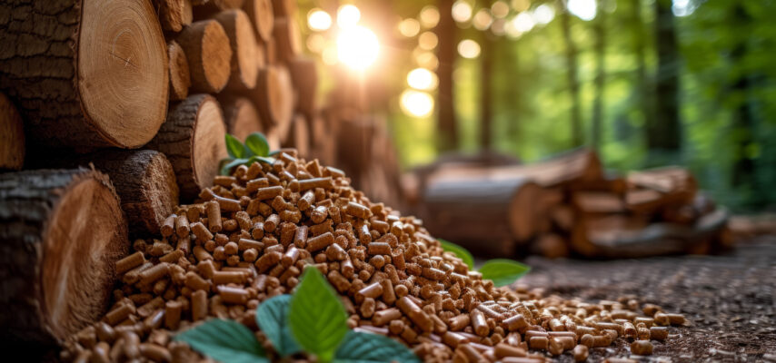 Holzpellets vor einem Stapel Baumstämmen