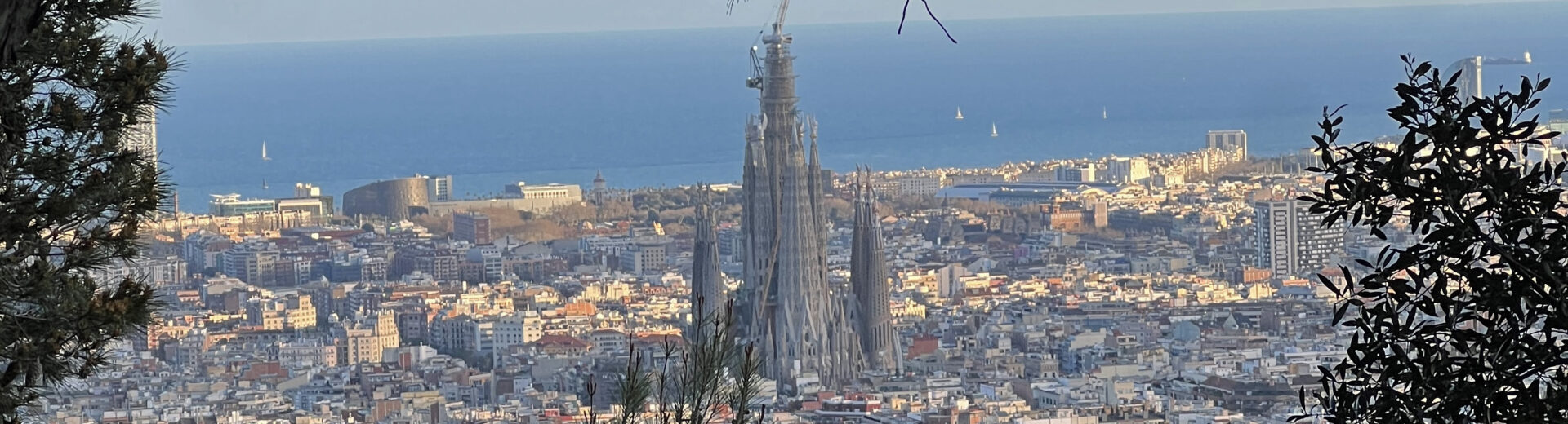Sicht auf Barcelona mit der Sagrada Família im Vordergrund, blaues Meer im Hintergrund und Bäume als Rahmen.