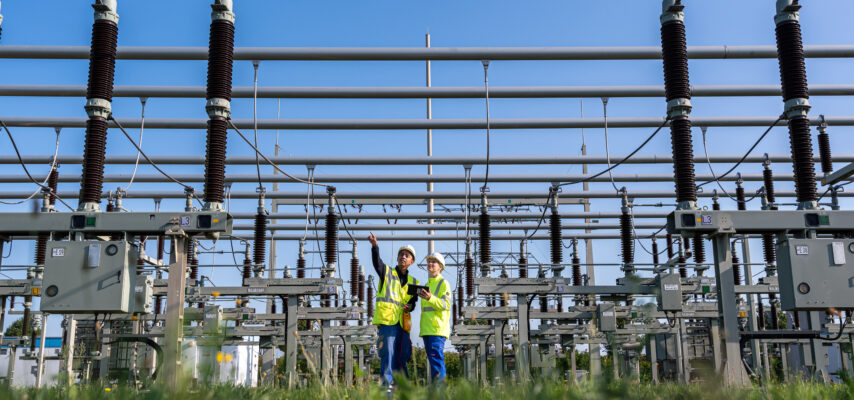 zwei Mitarbeitende von MITNETZ STROM bei Arbeiten in einem Umspannwerk