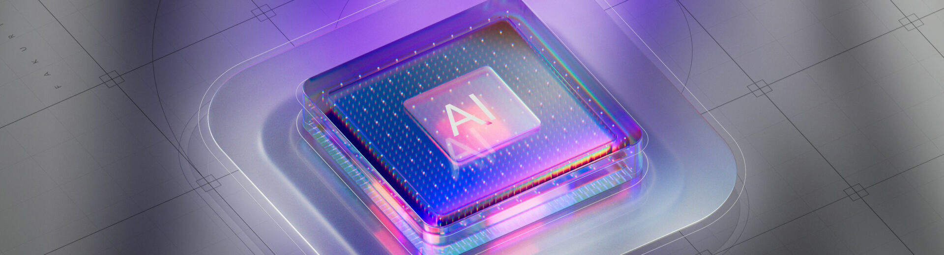Glänzender, futuristischer Computerchip mit leuchtendem "AI"-Symbol in lila und pink auf geometrischem, technischen Hintergrund