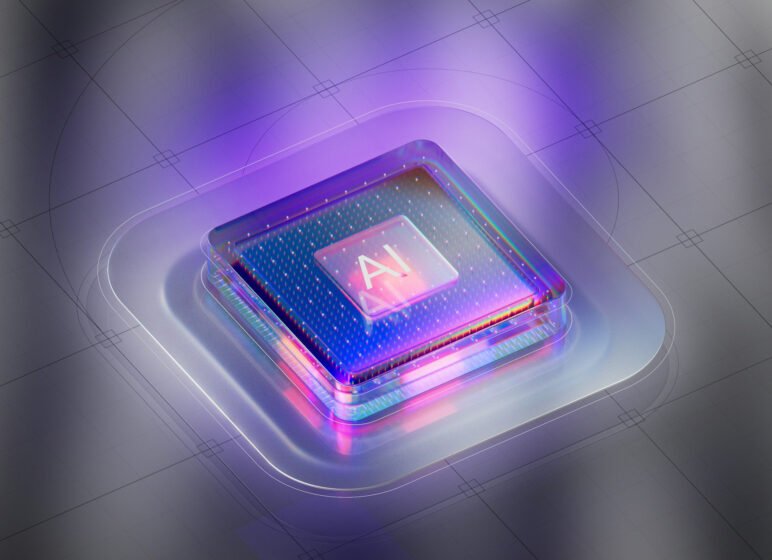 Glänzender, futuristischer Computerchip mit leuchtendem "AI"-Symbol in lila und pink auf geometrischem, technischen Hintergrund