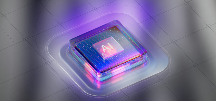 Glänzender, futuristischer Computerchip mit leuchtendem "AI"-Symbol in lila und pink auf geometrischem, technischen Hintergrund
