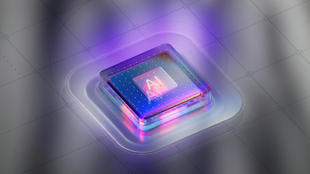 Glänzender, futuristischer Computerchip mit leuchtendem "AI"-Symbol in lila und pink auf geometrischem, technischen Hintergrund