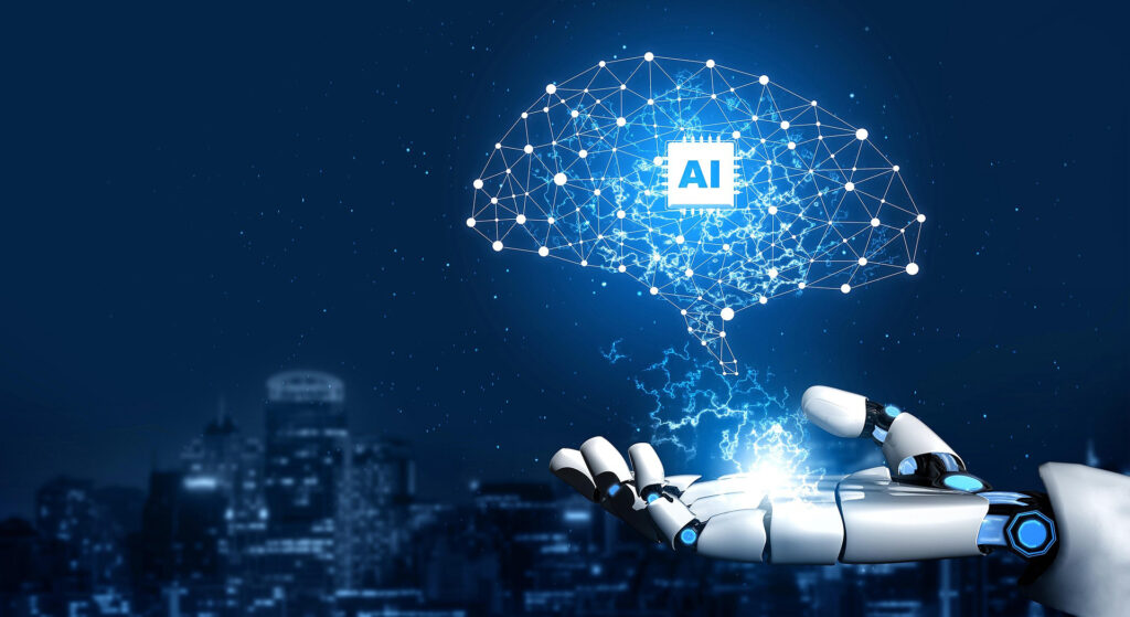 Roboterhand, die in einer Nachtstadt-Umgebung ein leuchtendes Netzwerk in Form eines Gehirns mit einem AI-Chip darüber hält.