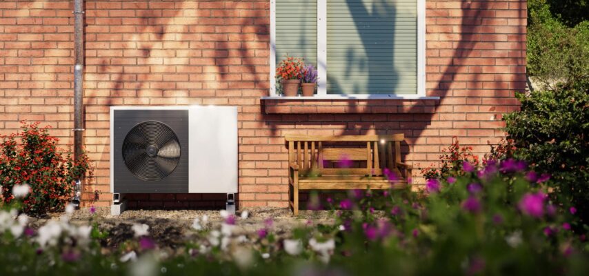 Außenwand eines Backsteinhauses mit Fenstersims, zwei Blumenkübeln, Holzbank und einer weißen Außeneinheit einer Wärmepumpe im Vorgarten.