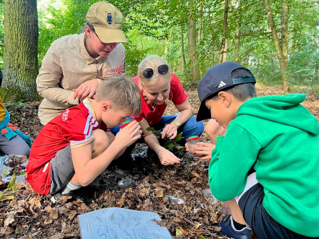 Zwei Kinder und zwei Erwachsene knien im Wald und untersuchen Blätter und Bodenproben mit Lupendosen, Bestimmungsbogen liegt im Vordergrund.